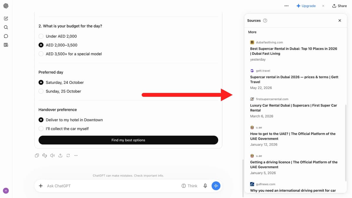 ChatGPT's Sources panel for the supercar query, pulling from Google Maps listings, third-party listicles and official sites